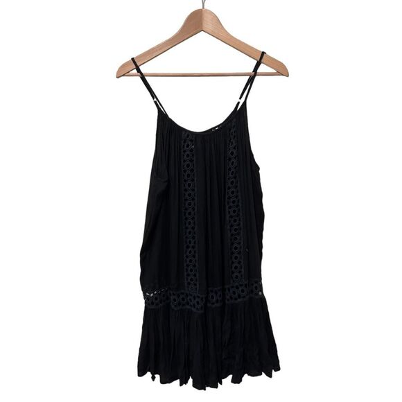 Elan Spaghetti Strap Crochet Panel Swim Coverup Tunic Dress Black Size Medium - Picture 1 of 14